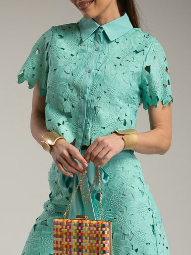 Casual Cutout Lace Shirt & Wide-Leg Pants Two-Piece Set