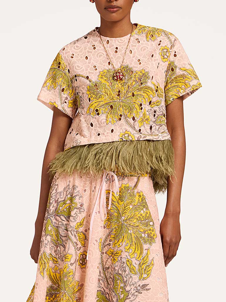 Elegant Paisley Print Feather Trim Top