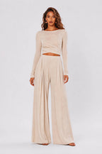 Tight-Waisted Short Long-Sleeved Top Pleated Linen Wide-Leg Pants Two-Piece Set