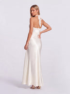 Lace-Trim V-Neck Satin High Split Halter Dress