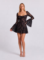 Floral Lace Trumpet Long Sleeve Square Neck Short Dress