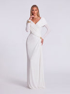Cross Draped Shawl Side Trim V-Neck Long Sleeve Dress