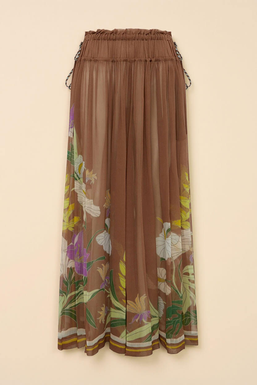Delicate Ruffle Printed Drawstring Slit Wide-Leg Pants