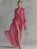 Elegant Pearl-Embellished Chiffon V-Neck Tie-Waist Maxi Dress