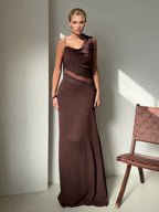 Elegant Lace Panel Draped Neck Sleeveless Maxi Dress