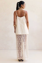 Elegant Off-Shoulder Strap A-Line Top Sheer Sequin Lace High-Waist Maxi Skirt Set