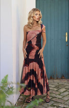 Elegant One-Shoulder Ruched Tie-Dye Chiffon Maxi Dress