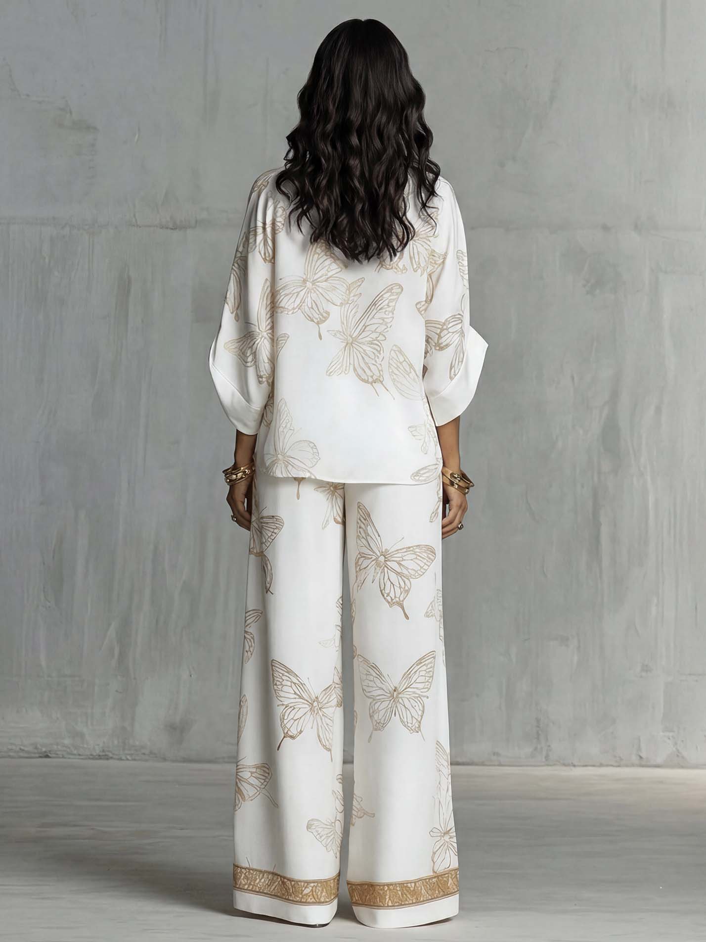 Elegant Butterfly Print Zip-Up Top & Wide Leg Pants Set