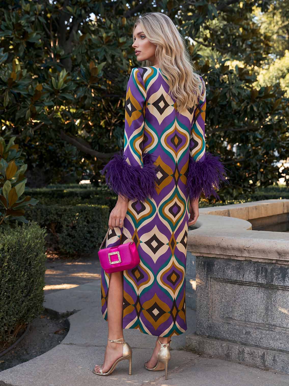 Elegant Geometric Print Feather Cuff Satin Maxi Dress