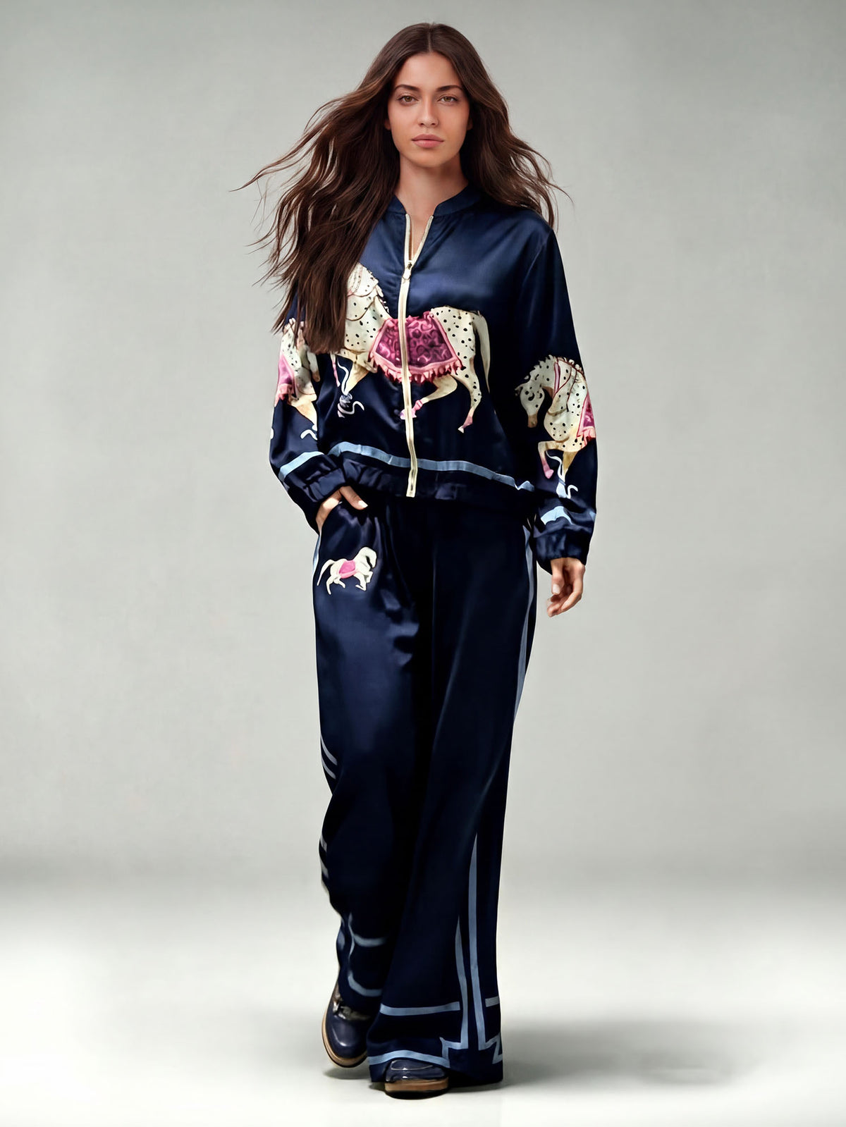 Exquisite Satin Horse Print Zip Jacket & Wide-Leg Pants Two-Piece Set