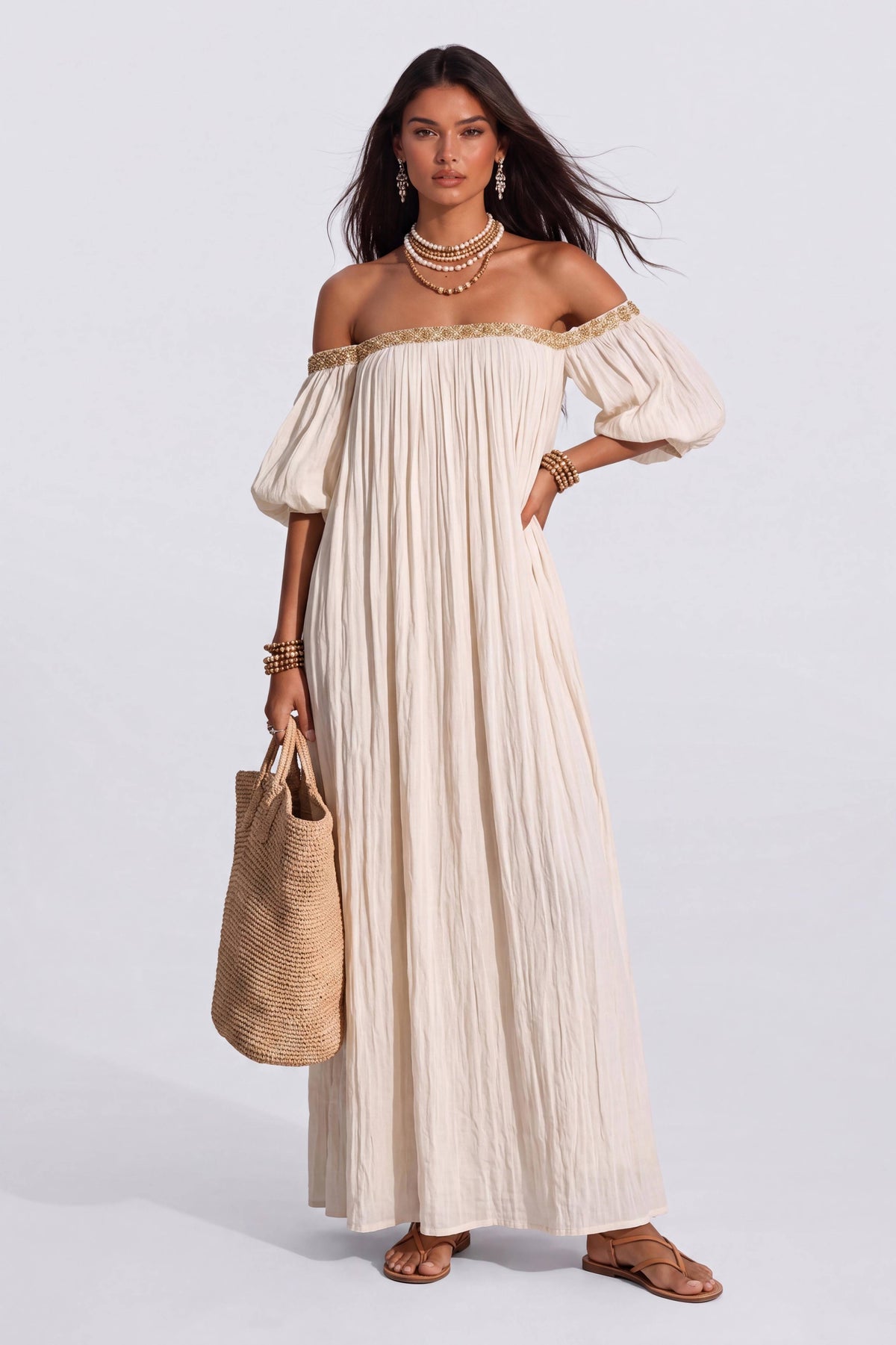 Bohemian Shoulder Loose Long Dress Lace Bubble Sleeve Split Elegant Vacation Dress