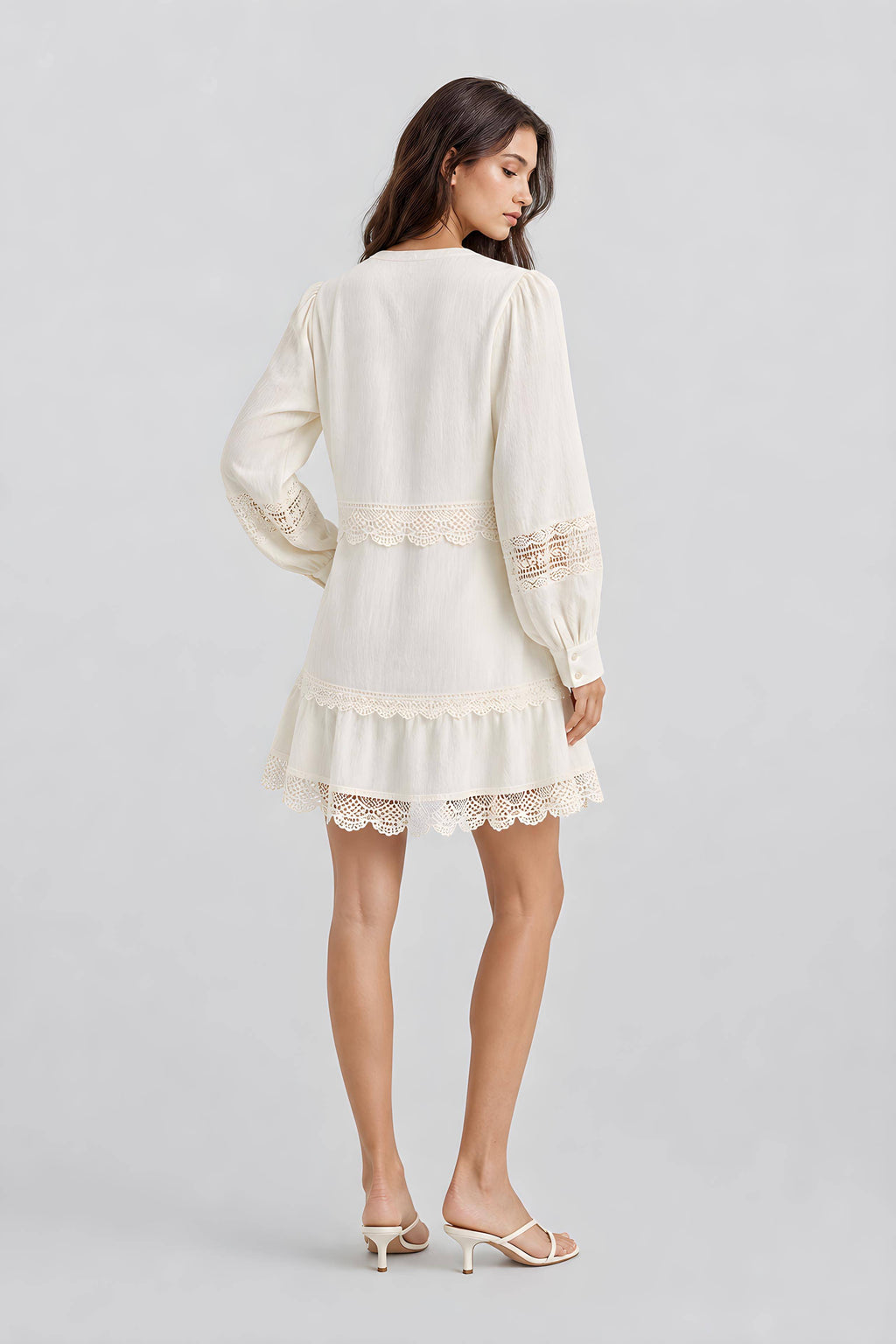 Bohemian Hollow Lace Skirt Long Sleeve V-Neck Casual Mini Dresses