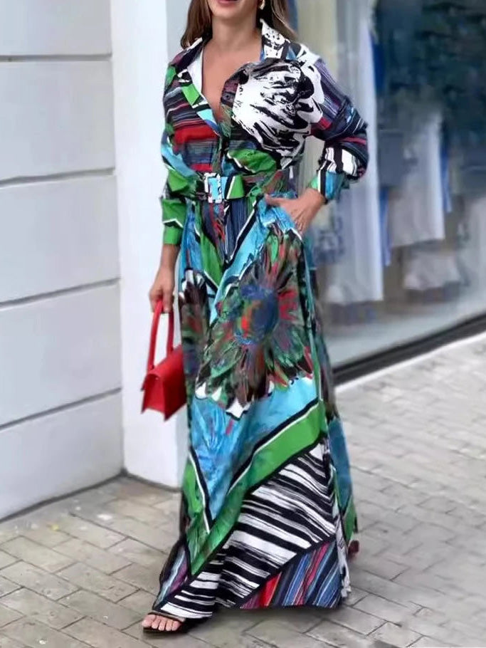 Abstract Print Belted Long Sleeve Slit Maxi Dress