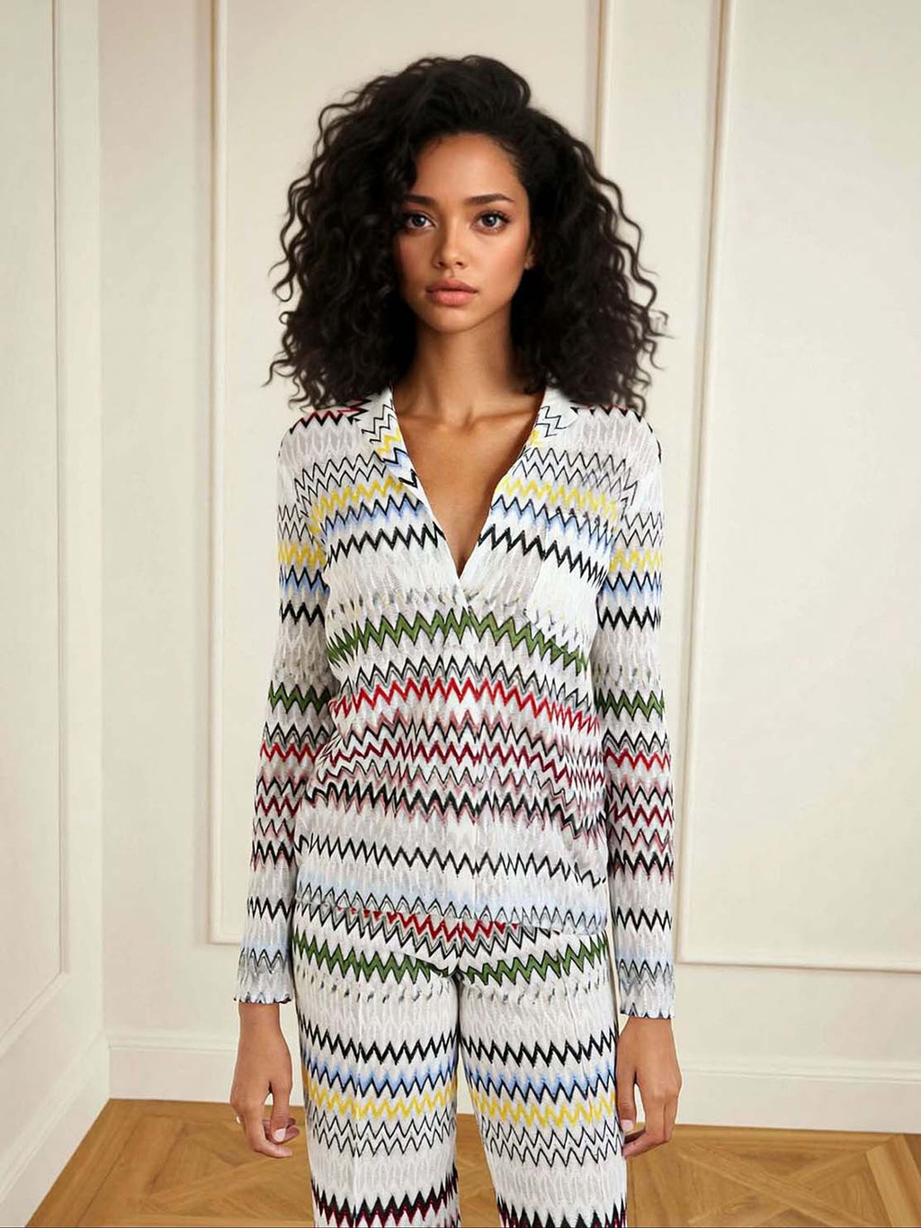 Geometric Zigzag Print Wide-Leg Pants