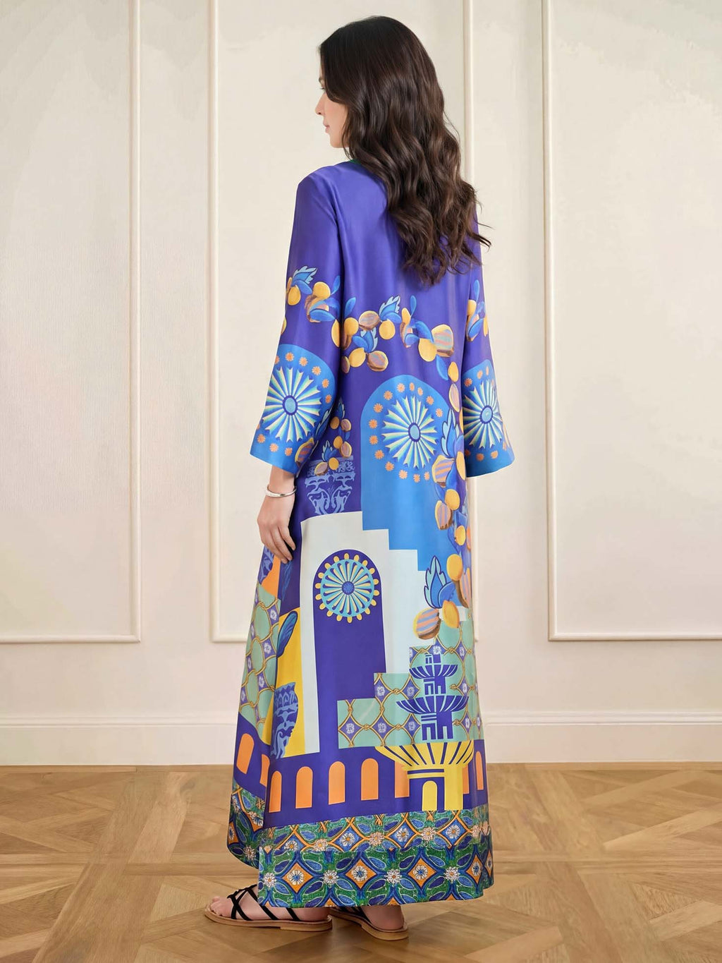 Unique Painted Print Satin Kaftan Maxi Dress