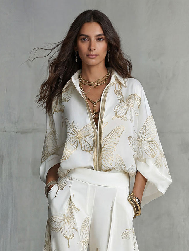 Elegant Butterfly Print Zip-Up Top & Wide Leg Pants Set