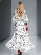 Elegant Polka Dot Sheer Sleeve Top & Maxi Skirt Two-Piece Set