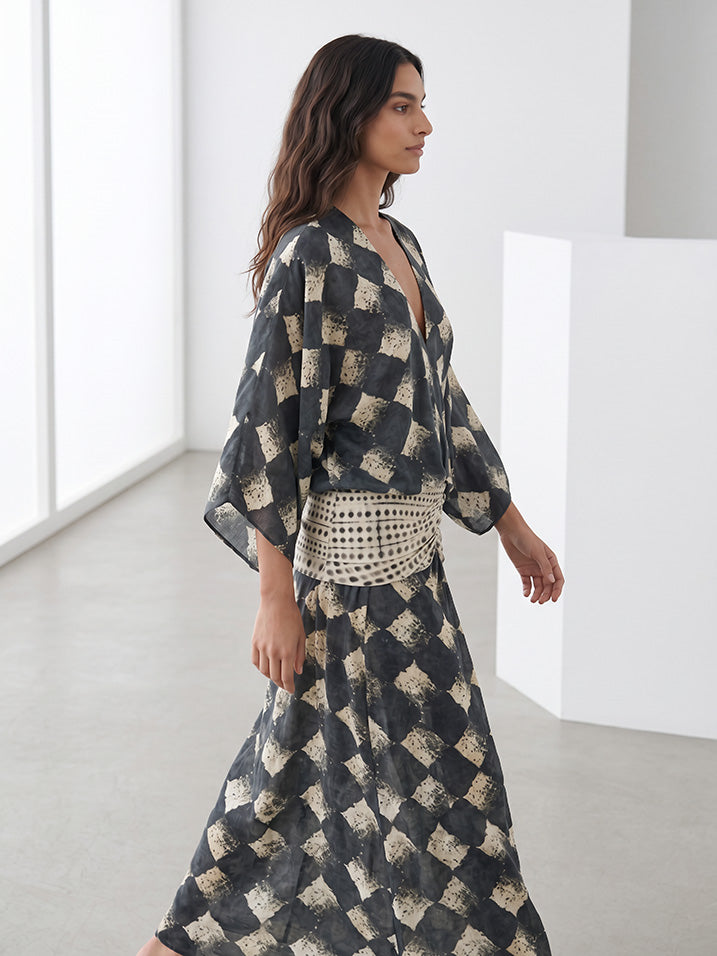 Casual Abstract Plaid Print Kimono Sleeve Maxi Dress