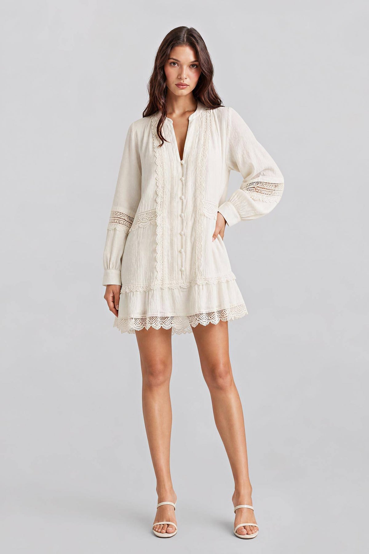 Bohemian Hollow Lace Skirt Long Sleeve V-Neck Casual Mini Dresses