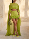 Elegant Chiffon Cape Crop Top & Feather-Trim Mini Skirt Two-Piece Set
