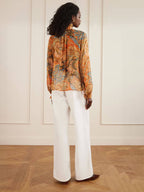 Exquisite Ruffle Trim Paisley Print Chiffon Blouse