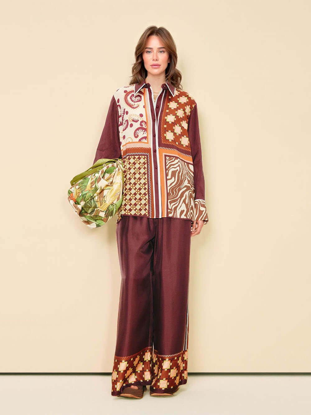 Unique Paisley Color-Block Satin Elastic Waist Wide-Leg Pants
