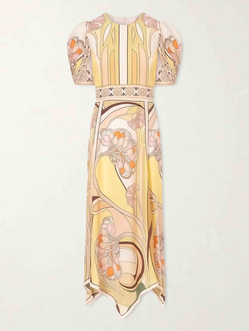 Elegant Vintage Floral Print Puff Sleeve Asymmetric Hem Midi Dress