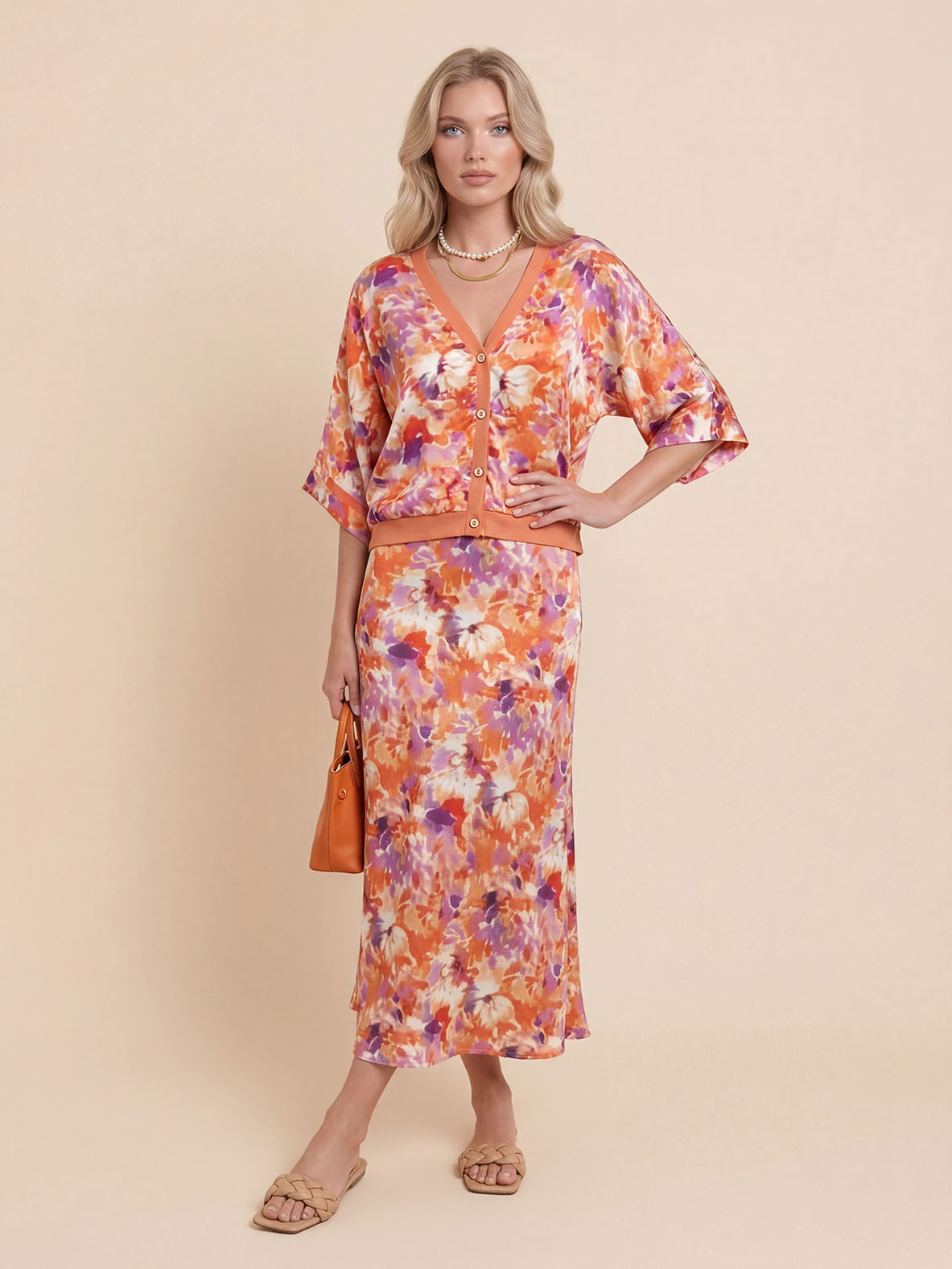 Exquisite Floral Print Satin High-Waisted Midi Skirt