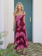 Elegant One-Shoulder Ruched Tie-Dye Chiffon Maxi Dress