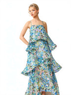 Elegant Vibrant Floral Print Tiered Ruffle Maxi Dress