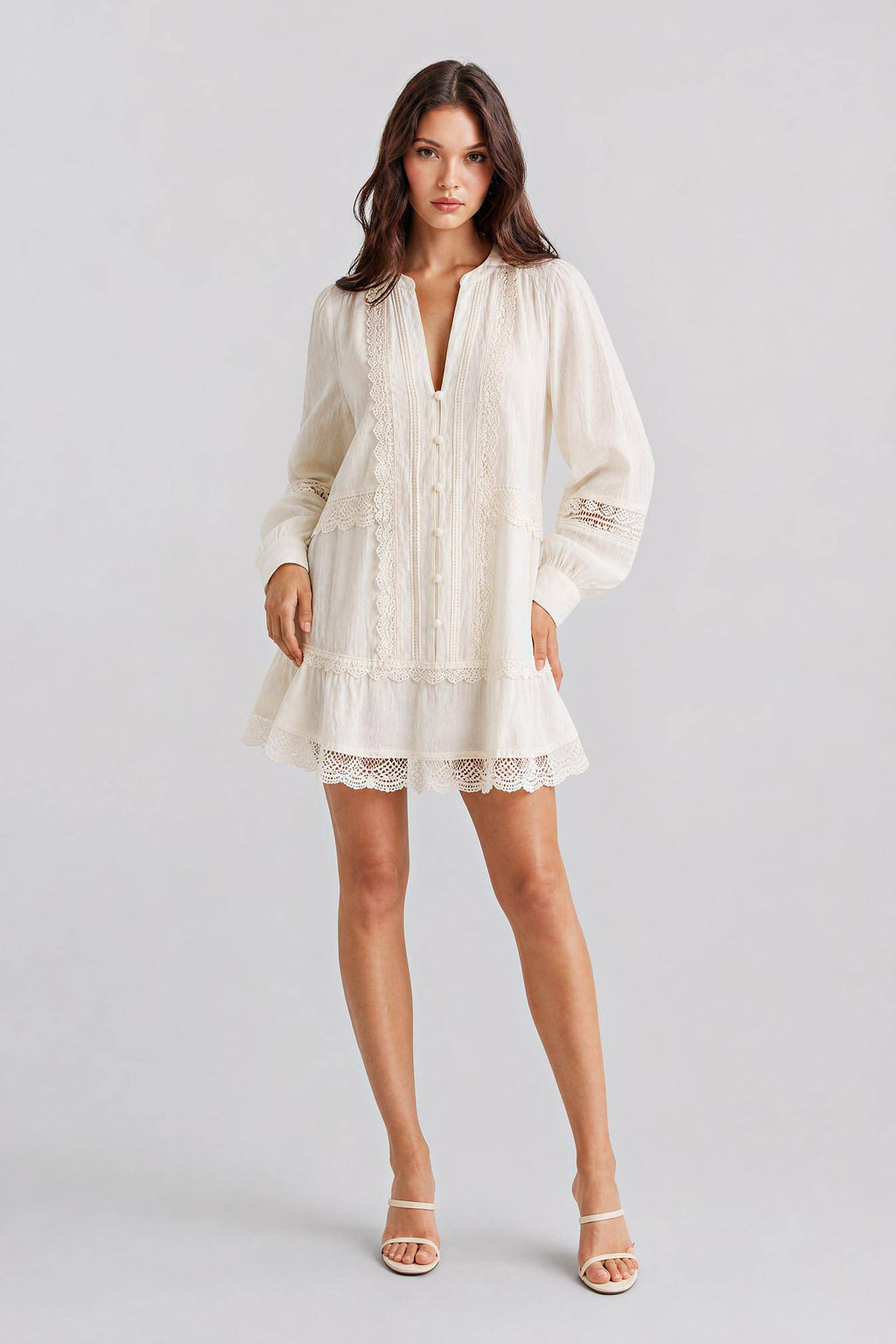 Bohemian Hollow Lace Skirt Long Sleeve V-Neck Casual Mini Dresses