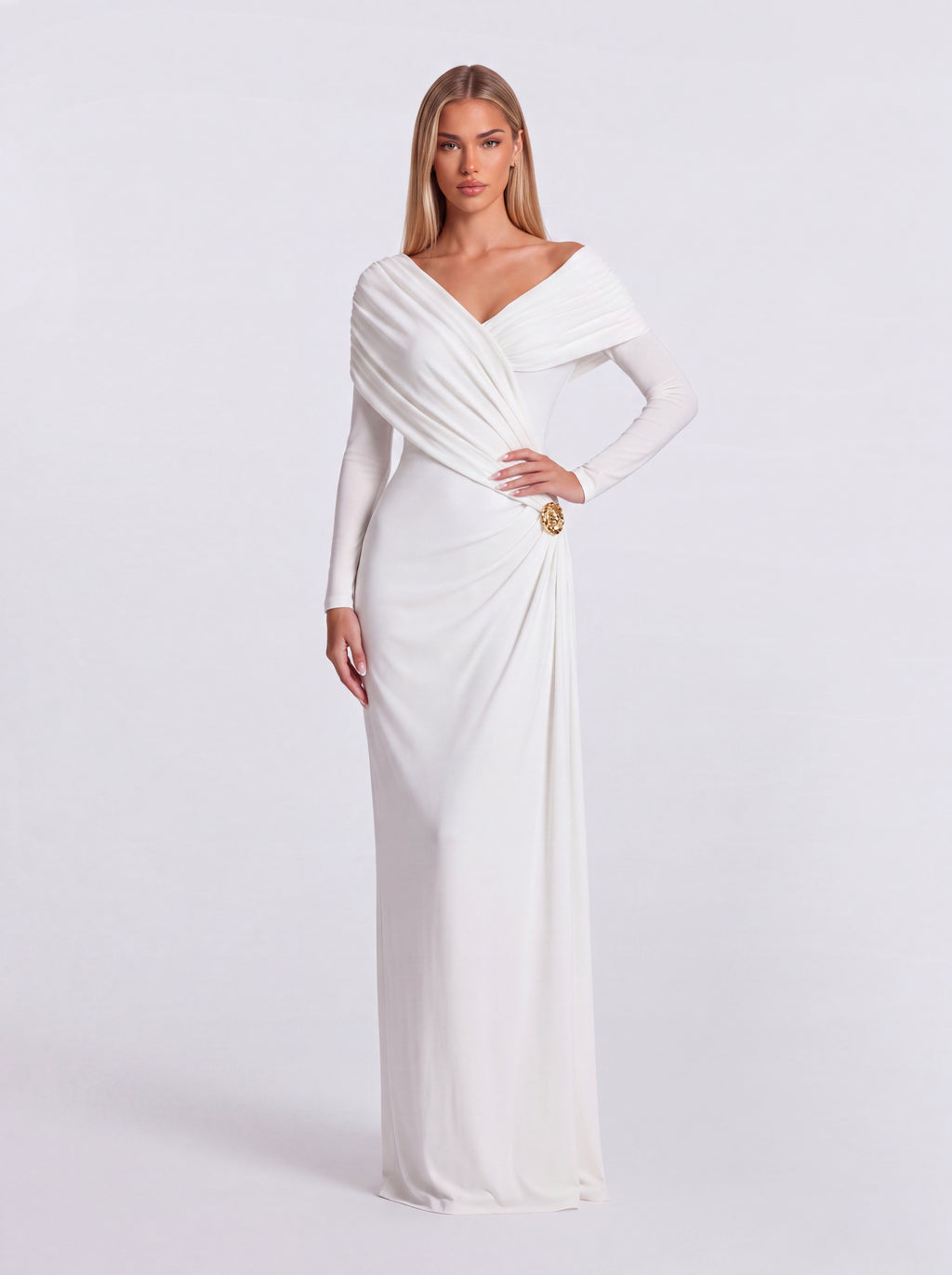 Cross Draped Shawl Side Trim V-Neck Long Sleeve Dress