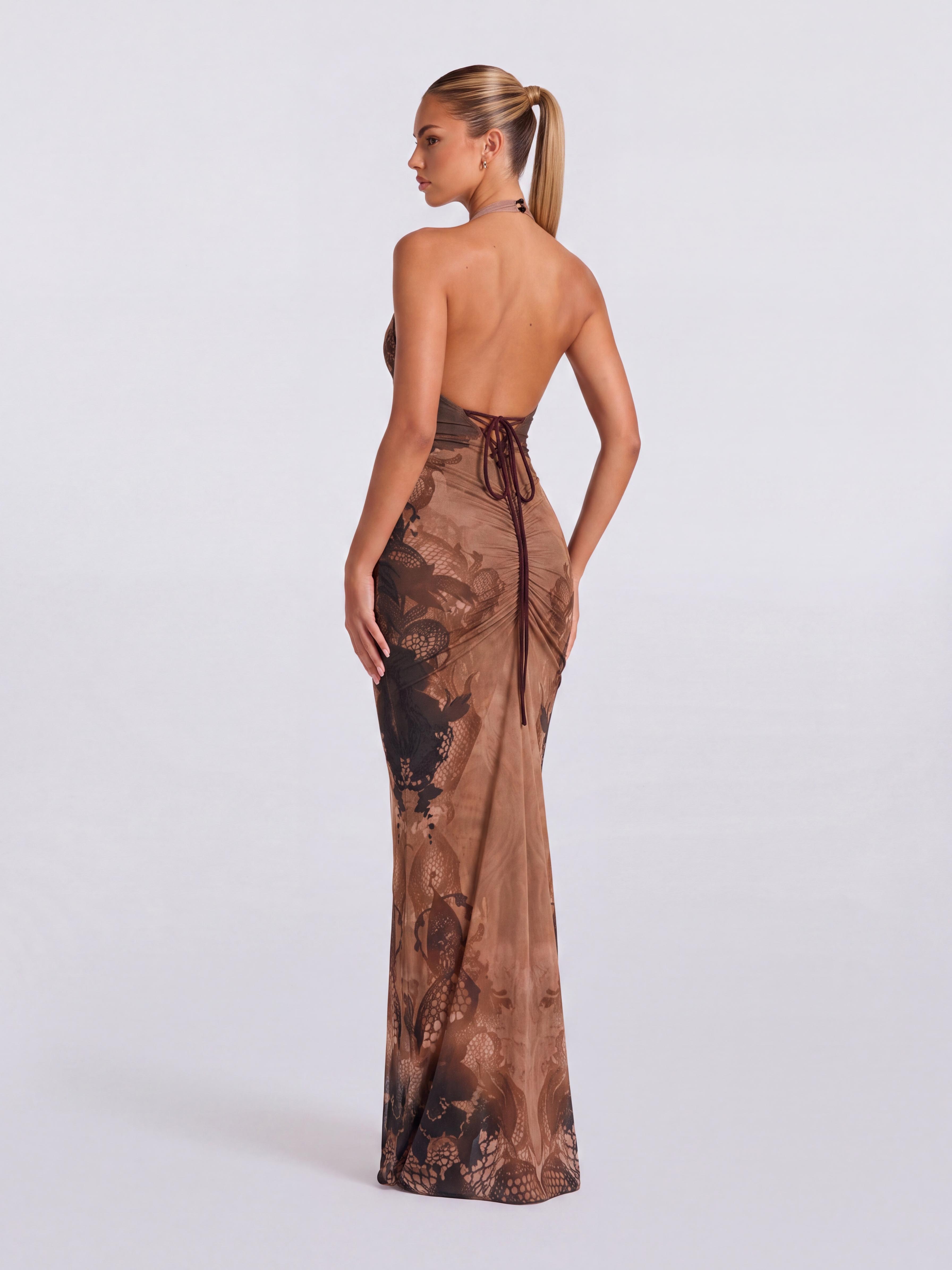 Curry Halter Dragon-Print Slim-Fit Fishtail Long Dress