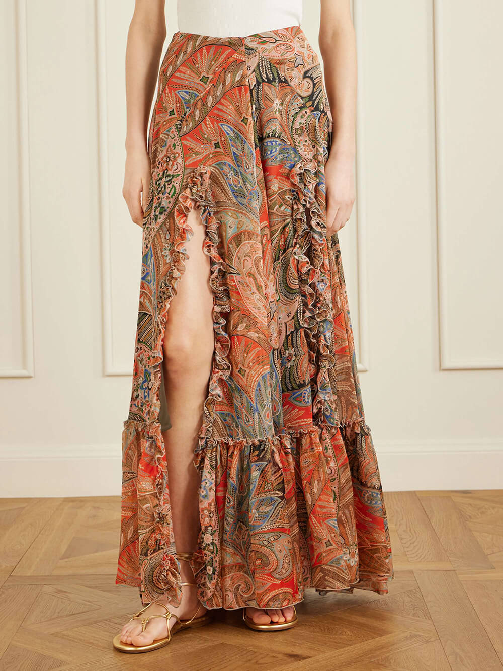 Exquisite Floral Print Ruffle Slit Maxi Skirt