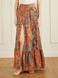 Exquisite Floral Print Ruffle Slit Maxi Skirt