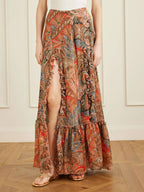Exquisite Floral Print Ruffle Slit Maxi Skirt