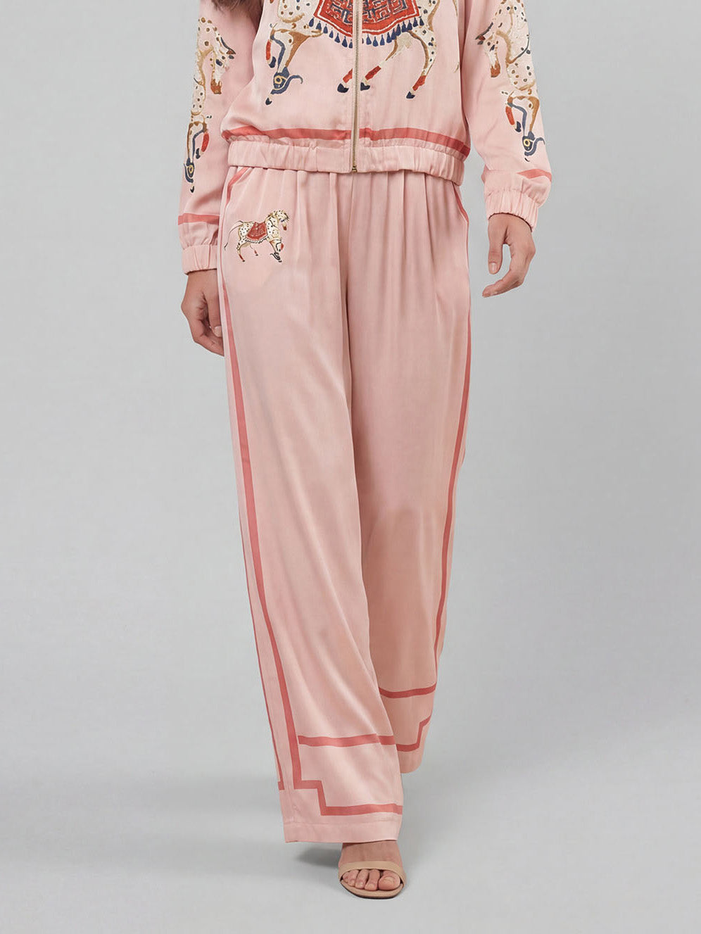 Exquisite Satin Horse Print Zip Jacket & Wide-Leg Pants Two-Piece Set