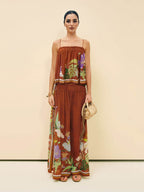 Delicate Ruffle Printed Drawstring Slit Wide-Leg Pants