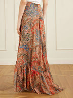 Exquisite Floral Print Ruffle Slit Maxi Skirt