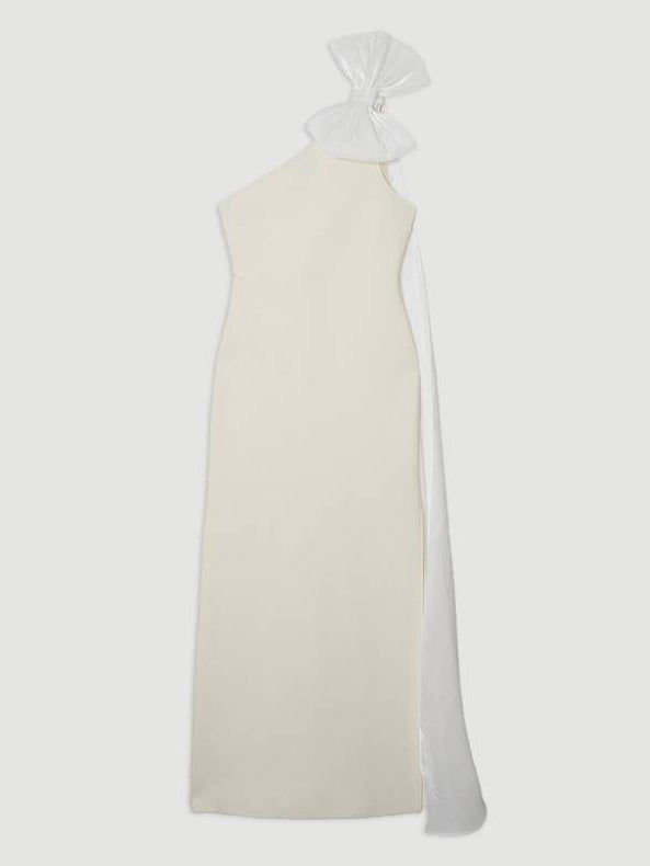 Elegant Tulle Bow Cape One-Shoulder Maxi Dress