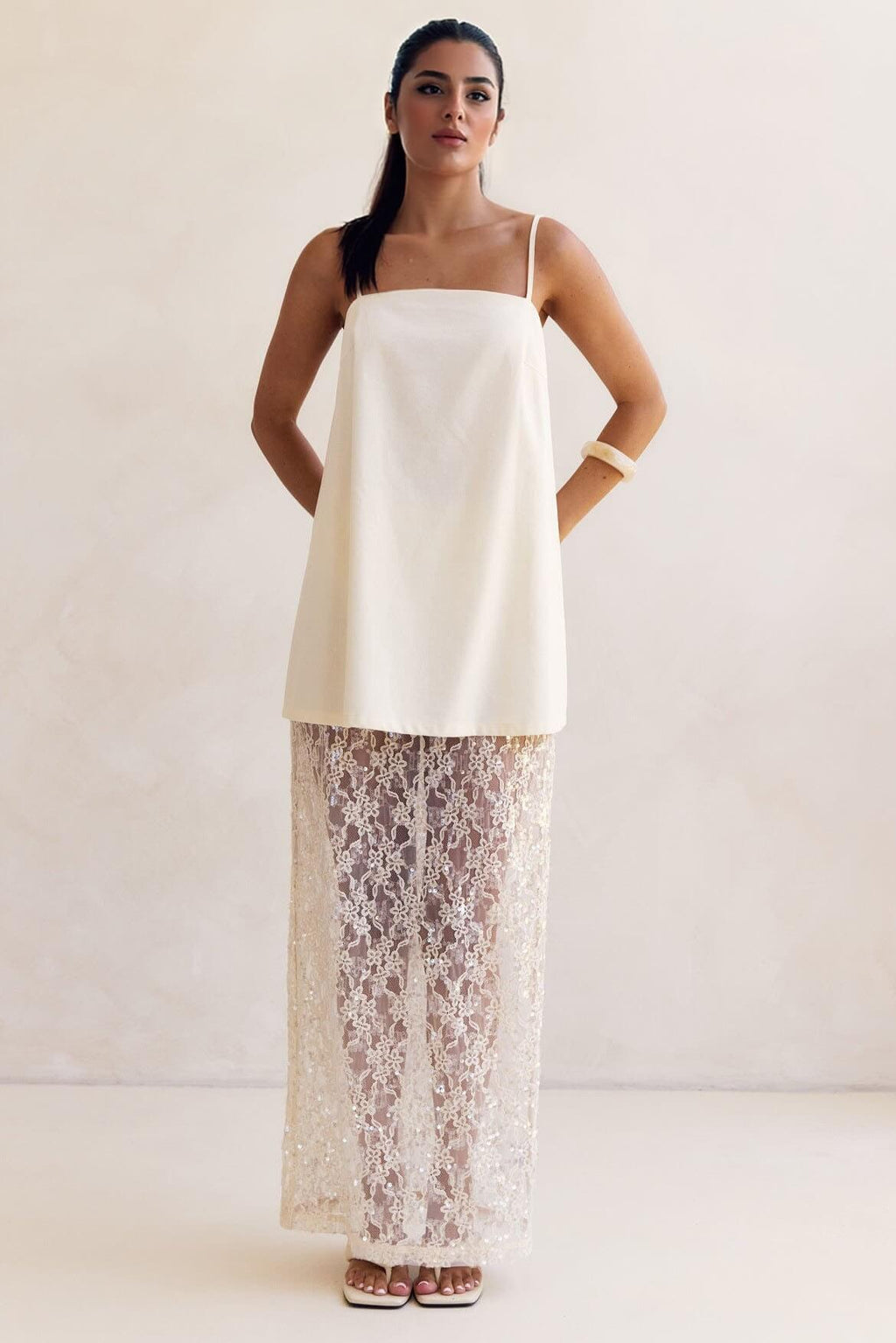 Elegant Off-Shoulder Strap A-Line Top Sheer Sequin Lace High-Waist Maxi Skirt Set
