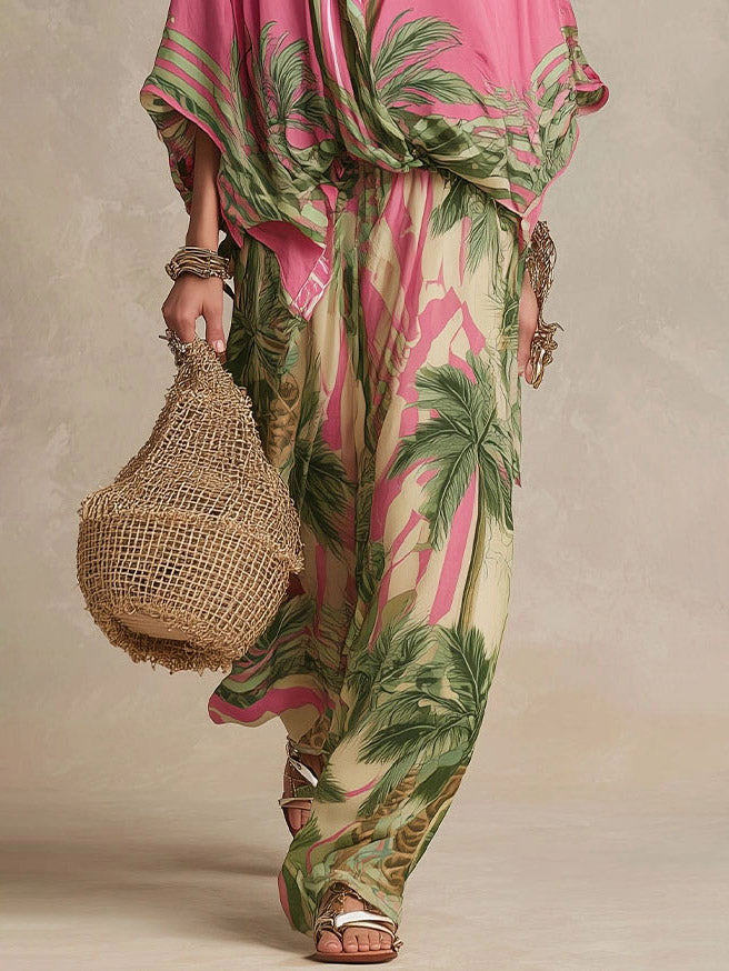 Bohemian Tropical Print Flowy Top & Wide-Leg Pants Two-Piece Set