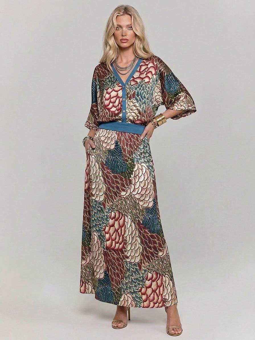 Retro Scale Print Satin Printed Skirt