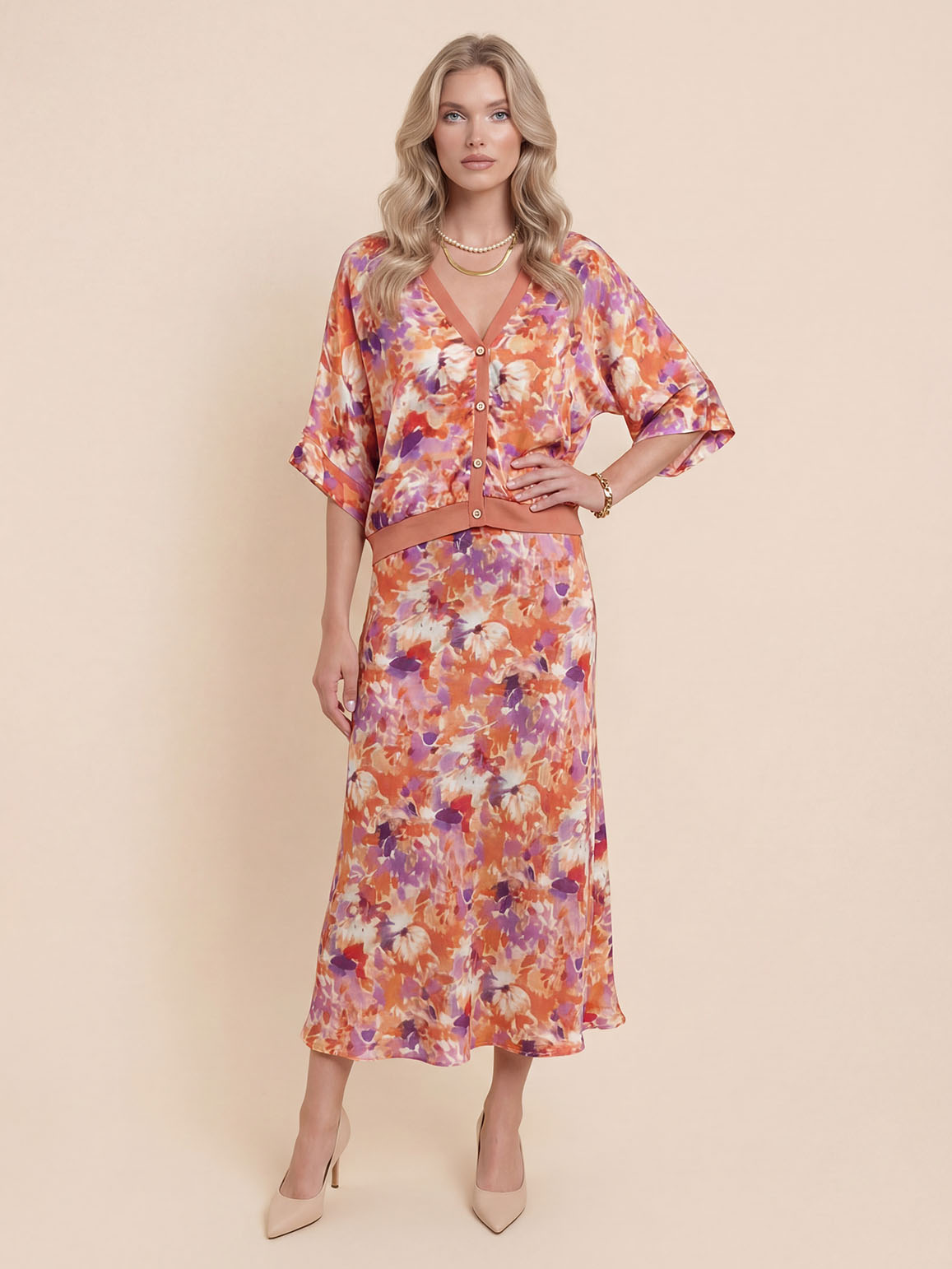 Exquisite Floral Print Satin High-Waisted Midi Skirt