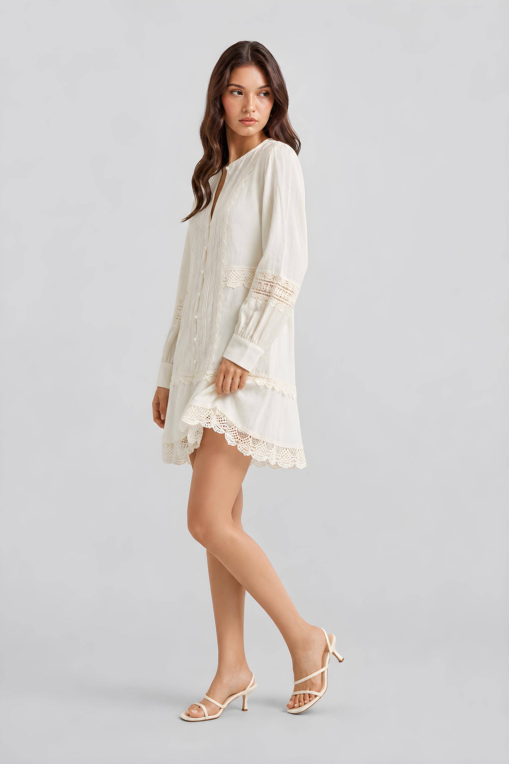 Bohemian Hollow Lace Skirt Long Sleeve V-Neck Casual Mini Dresses