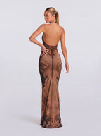 Curry Halter Dragon-Print Slim-Fit Fishtail Long Dress