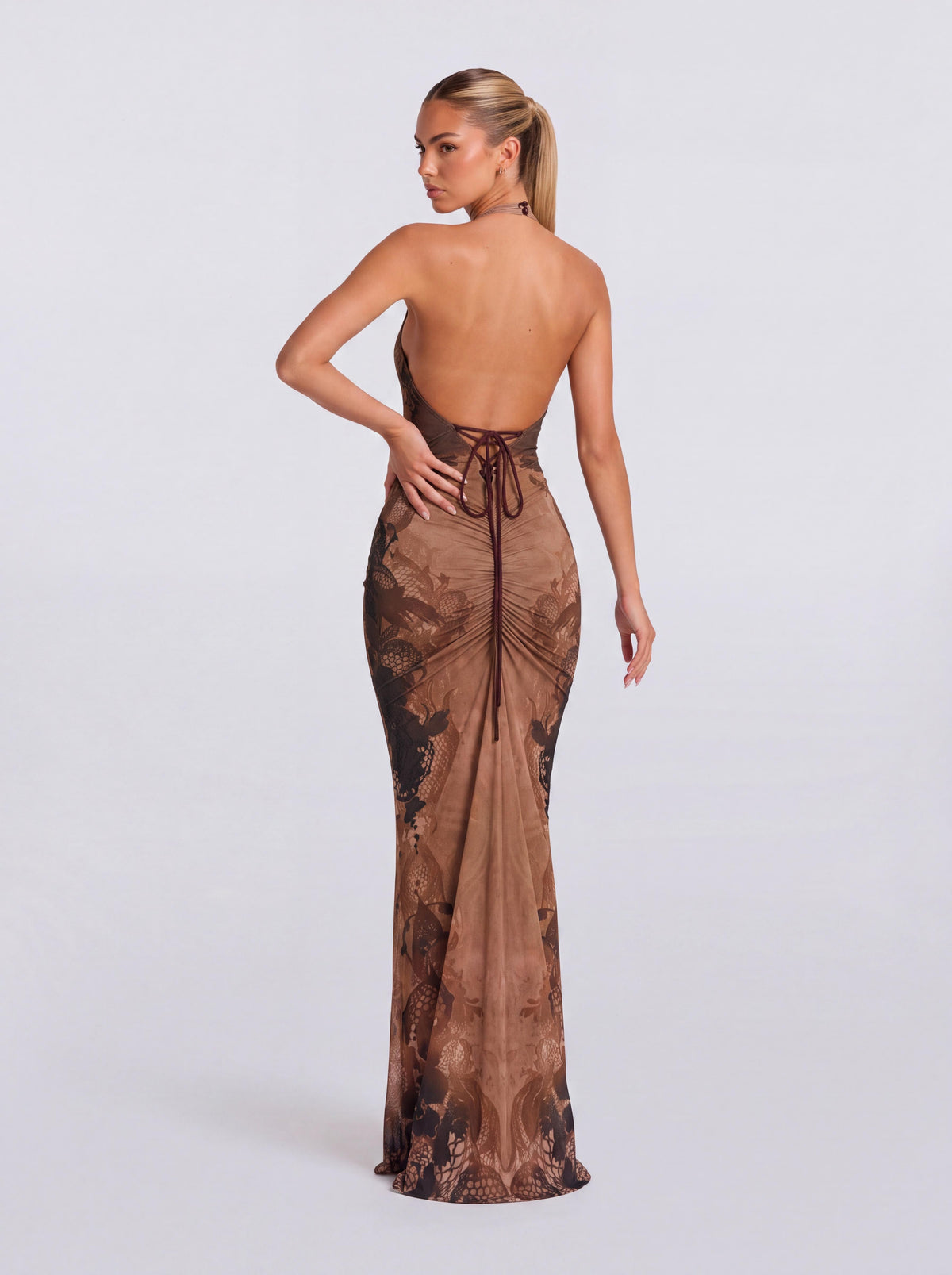 Curry Halter Dragon-Print Slim-Fit Fishtail Long Dress