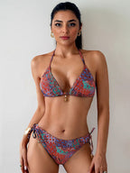Retro Print Backless Tie Bikini Swimsuit