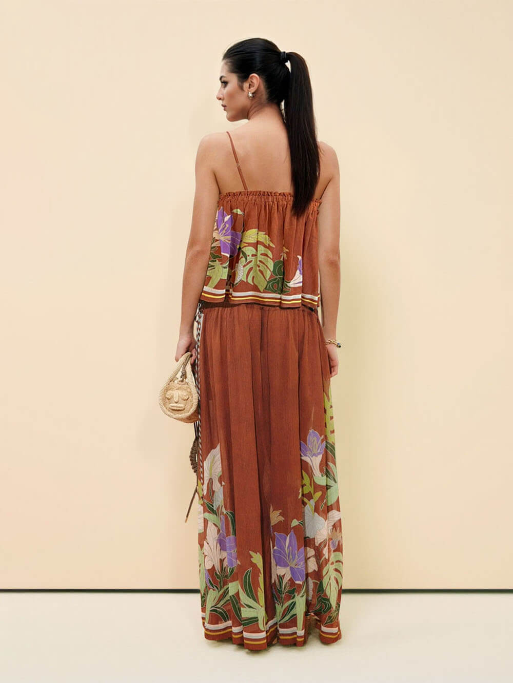 Delicate Ruffle Printed Drawstring Slit Wide-Leg Pants