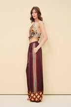 Unique Paisley Color-Block Satin Shirt And Elastic Waist Wide-Leg Pants Set